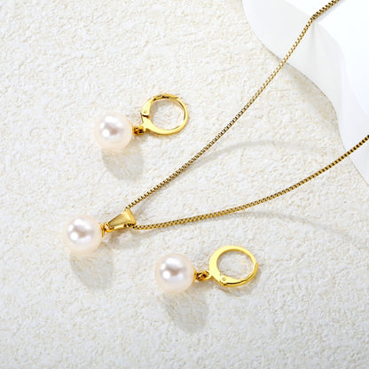 Earrings Pearl 10mm + Pendant Pearl 10mm Box Chain 40+5cm + Round Tag, Gold asonjewelry