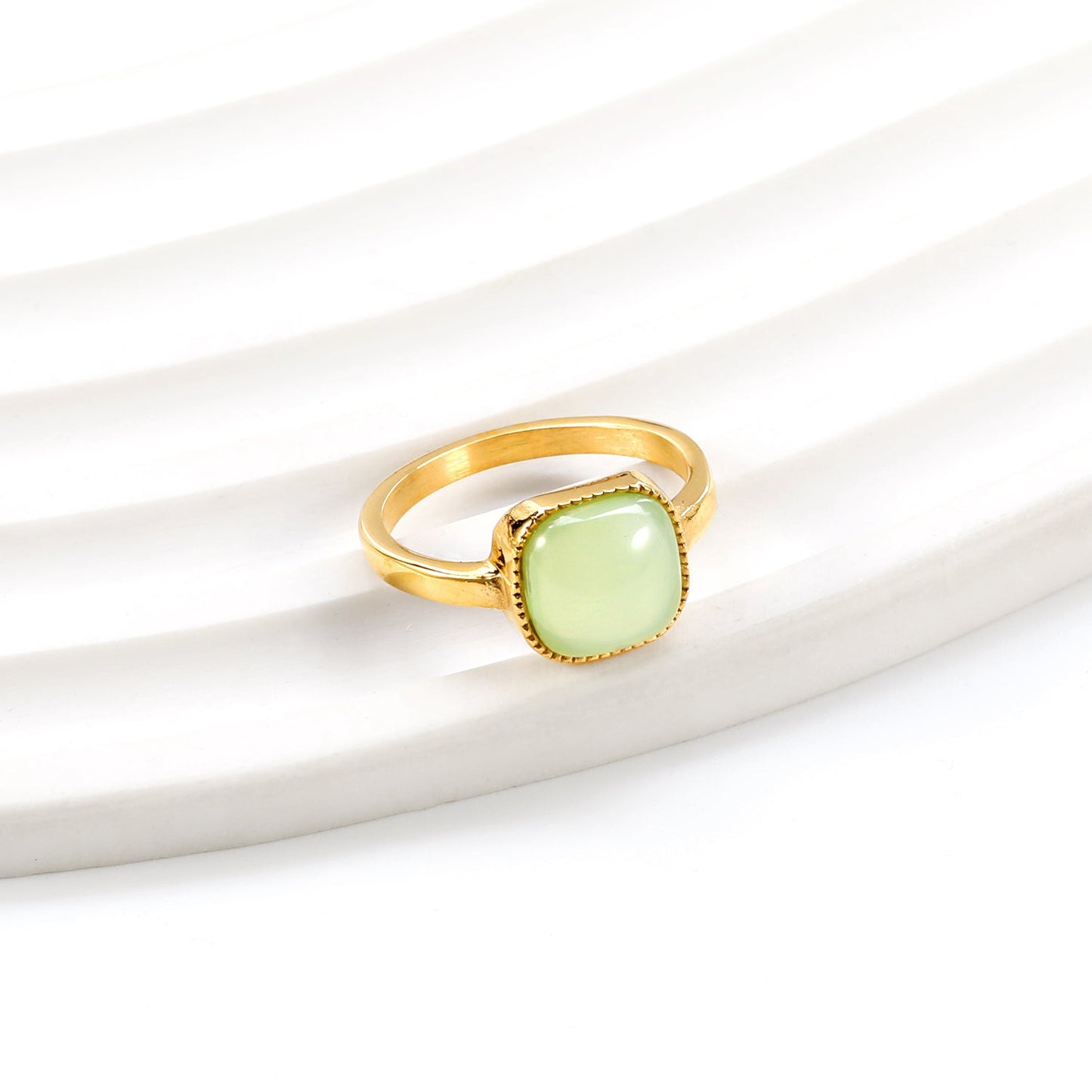 Square band with green natural stone ring asonjewelry
