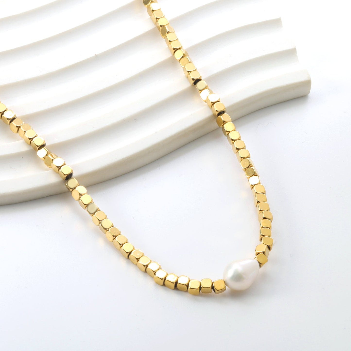 3mm small square with a white pearl pendant 9.5*7.5mm necklace 40+5cm asonjewelry