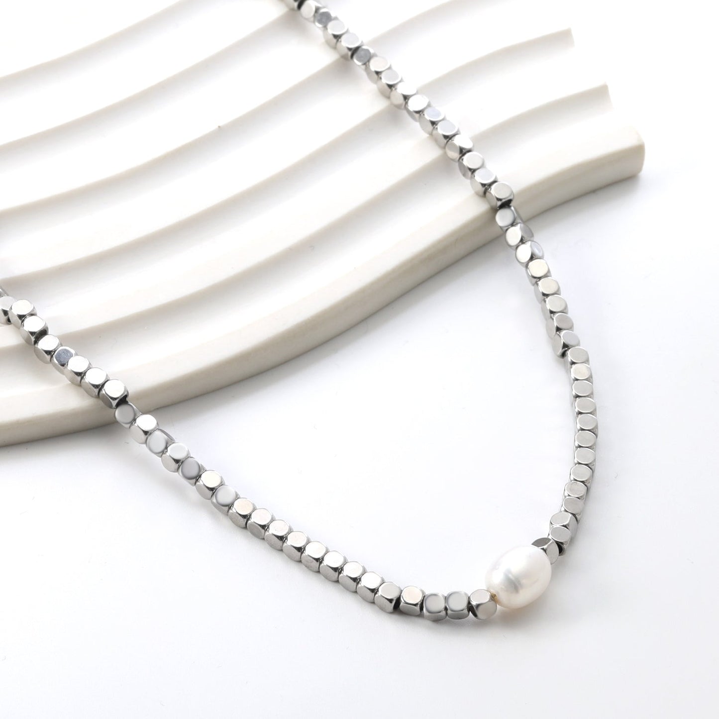 3mm small square with a white pearl pendant 9.5*7.5mm necklace 40+5cm asonjewelry