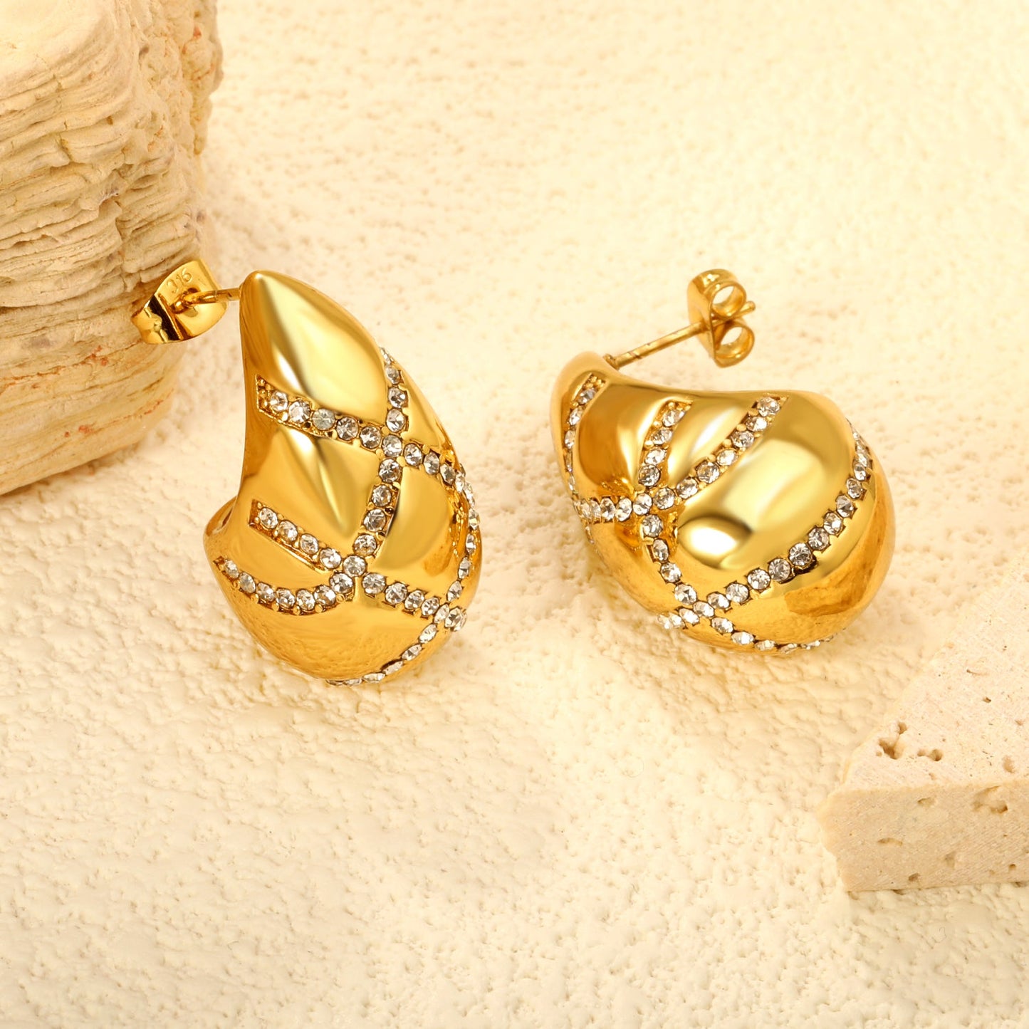 15.3*29mm teardrop crossover white diamond stud earrings gold color asonjewelry