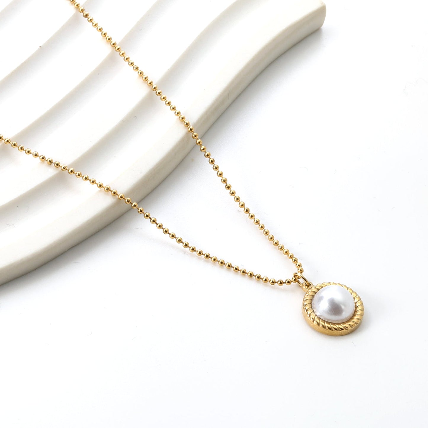 Round twisted edge with half white pearl 11.6mm pendant necklace 45+5cm asonjewelry