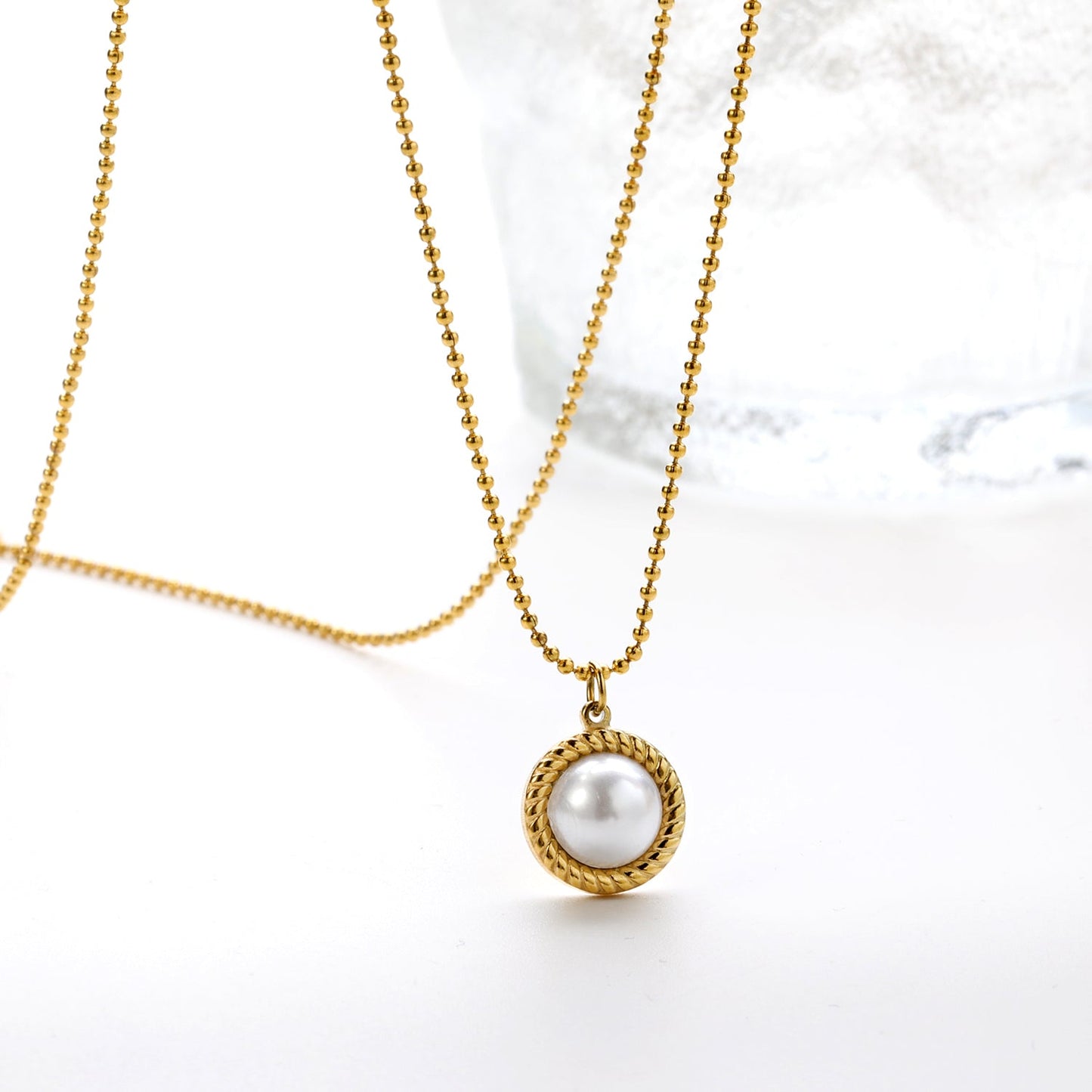 Round twisted edge with half white pearl 11.6mm pendant necklace 45+5cm asonjewelry