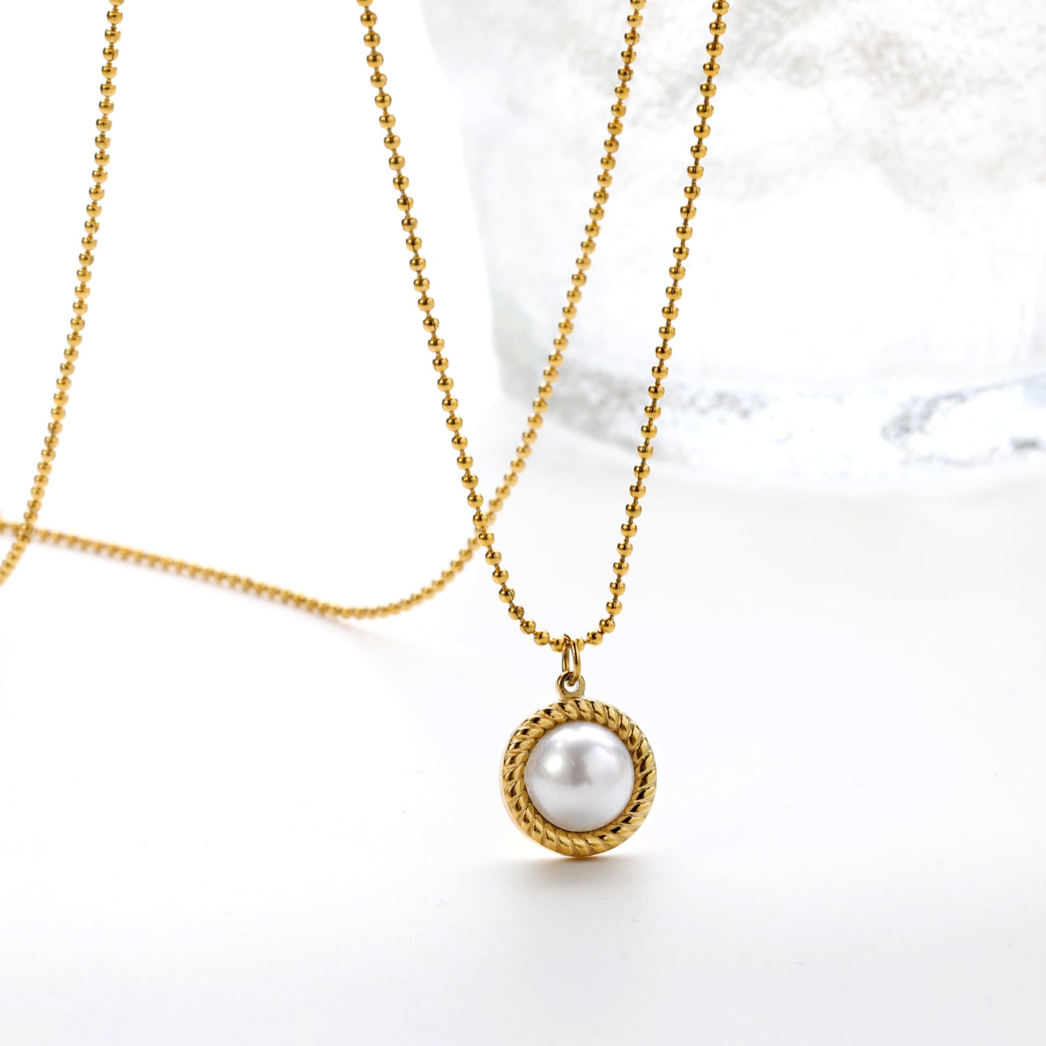 Round twisted edge with half white pearl 11.6mm pendant necklace 45+5cm asonjewelry