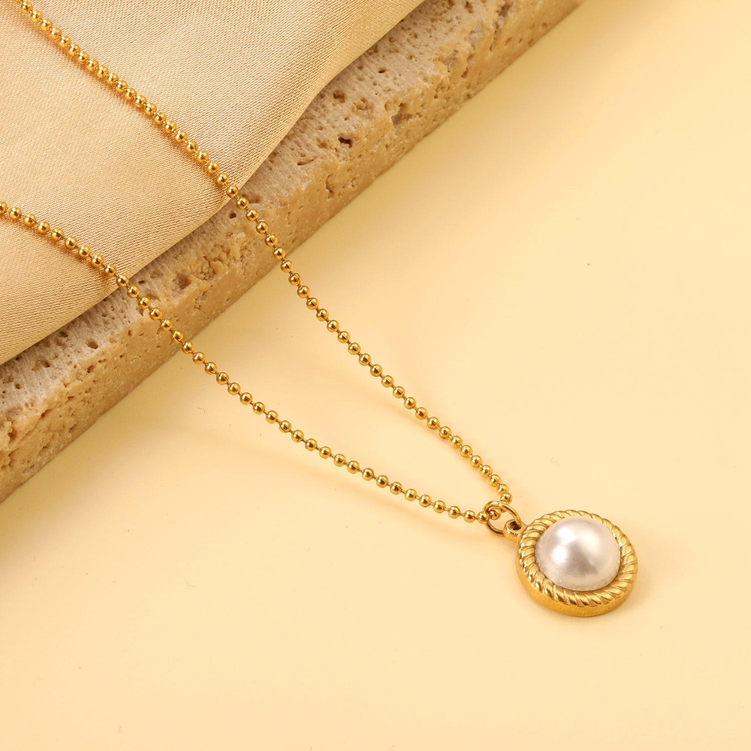 Round twisted edge with half white pearl 11.6mm pendant necklace 45+5cm asonjewelry