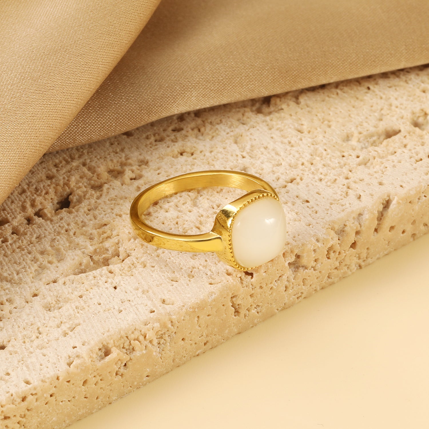 Square band with White natural stone ring asonjewelry