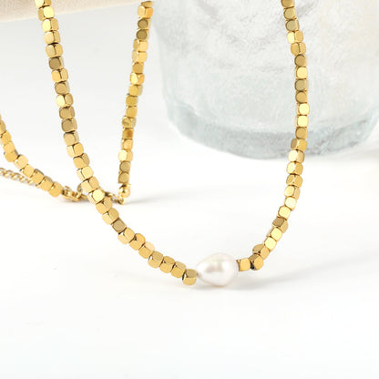 3mm small square with a white pearl pendant 9.5*7.5mm necklace 40+5cm asonjewelry