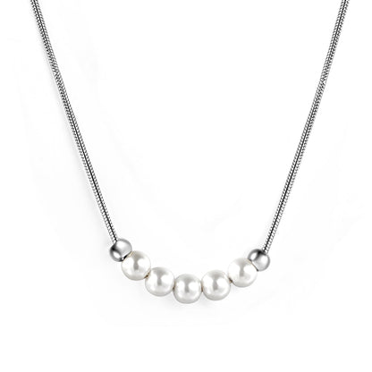 5 white pearls 4.9mm + 2 steel beads 3.9mm necklace 44+5cm asonjewelry