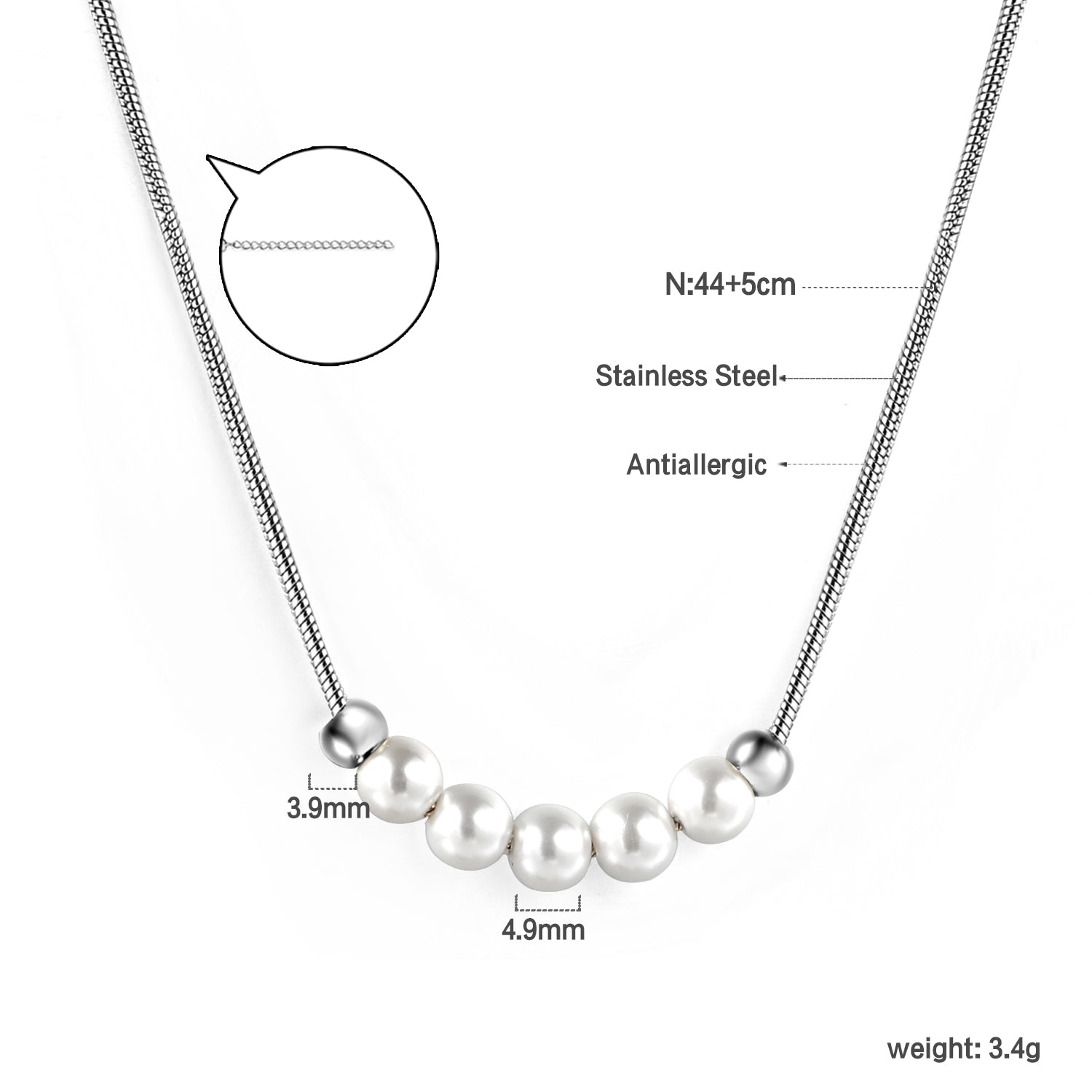 5 white pearls 4.9mm + 2 steel beads 3.9mm necklace 44+5cm asonjewelry