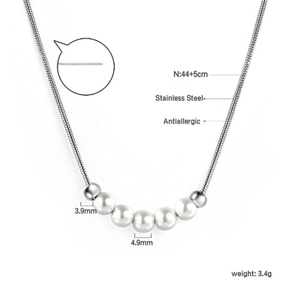 5 white pearls 4.9mm + 2 steel beads 3.9mm necklace 44+5cm asonjewelry