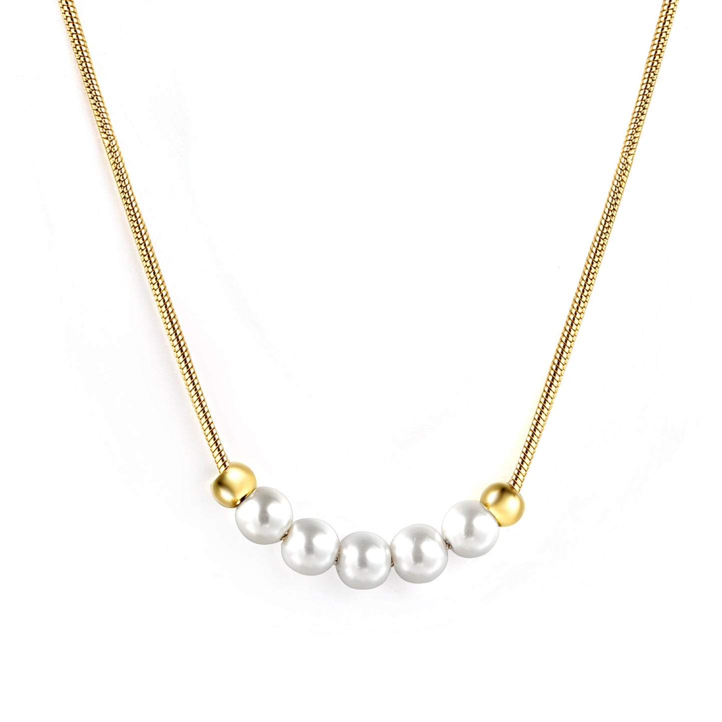 5 white pearls 4.9mm + 2 steel beads 3.9mm necklace 44+5cm asonjewelry