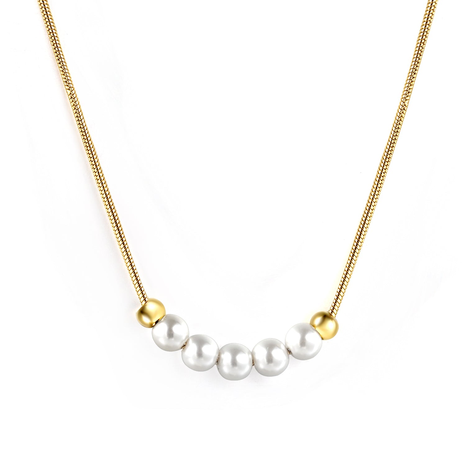 5 white pearls 4.9mm + 2 steel beads 3.9mm necklace 44+5cm asonjewelry