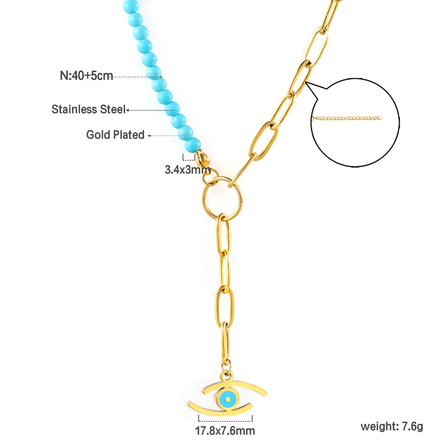 Lake blue eye pendant 17.8*7.6mm + half lake blue beads half matching chain necklace 40+5cm asonjewelry