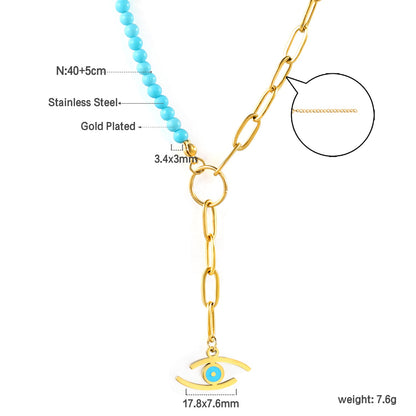 Lake blue eye pendant 17.8*7.6mm + half lake blue beads half matching chain necklace 40+5cm asonjewelry