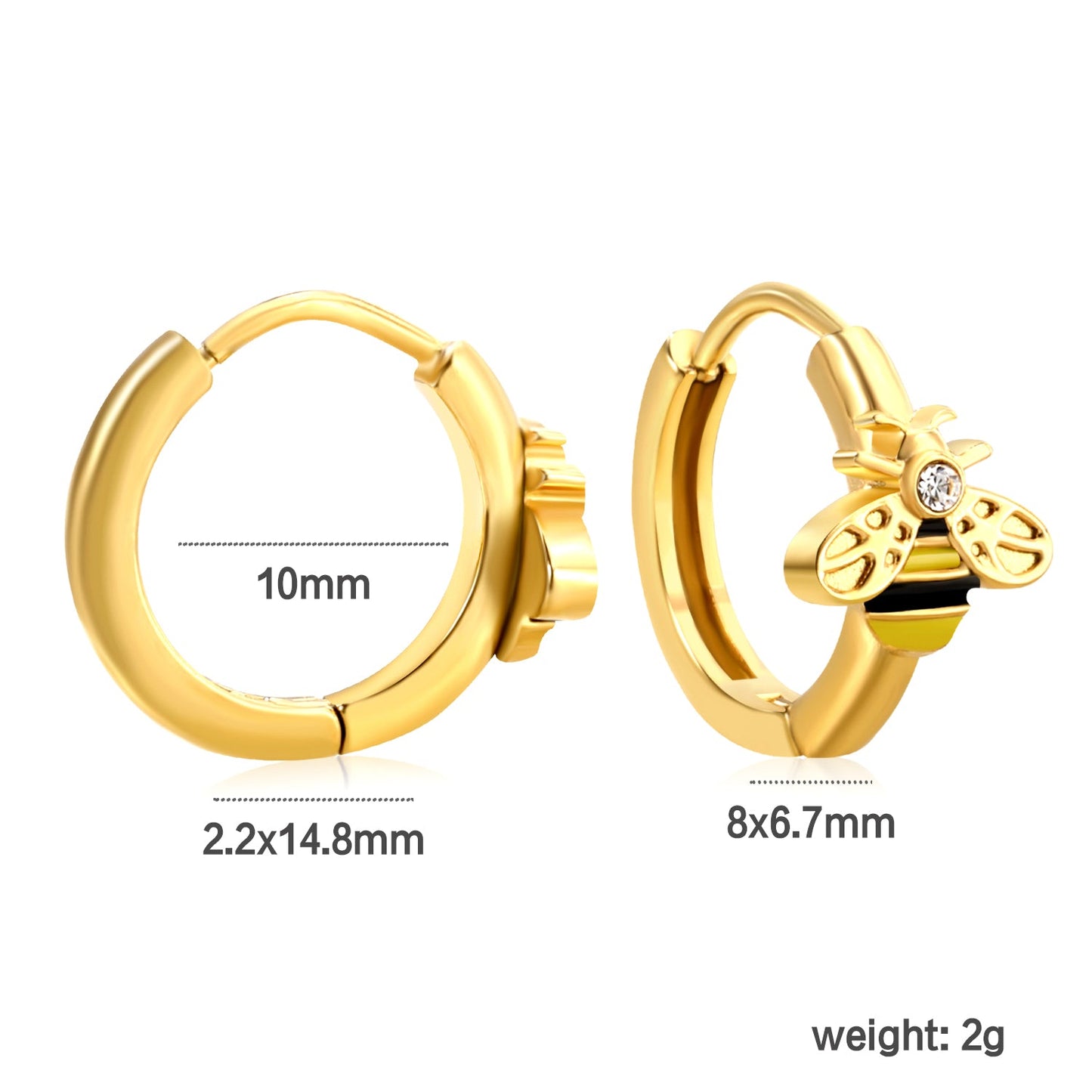 8 x 6.7mm Bee with White Czech Crystal Earring Hook 2.2 x Inner Diameter 10mm Earring Gold asonjewelry