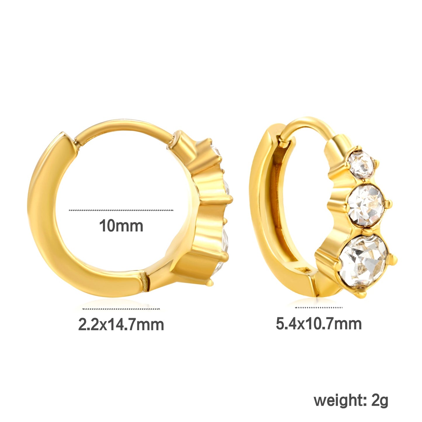 5.4 x 10.7mm Large Round White Zirconia Stud Earrings with 2.2mm Post and 10mm Inner Diameter, Gold asonjewelry
