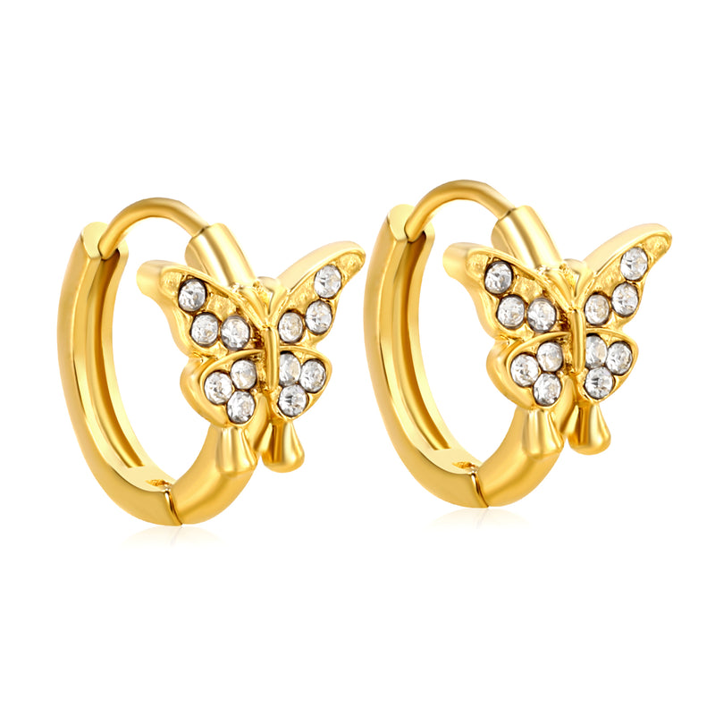 10.3 x 8.8mm butterfly-shaped white zirconia earring with a 2.2mm earring post and a 10mm inner diameter, gold-colored