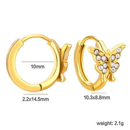 10.3 x 8.8mm butterfly-shaped white zirconia earring with a 2.2mm earring post and a 10mm inner diameter, gold-colored asonjewelry