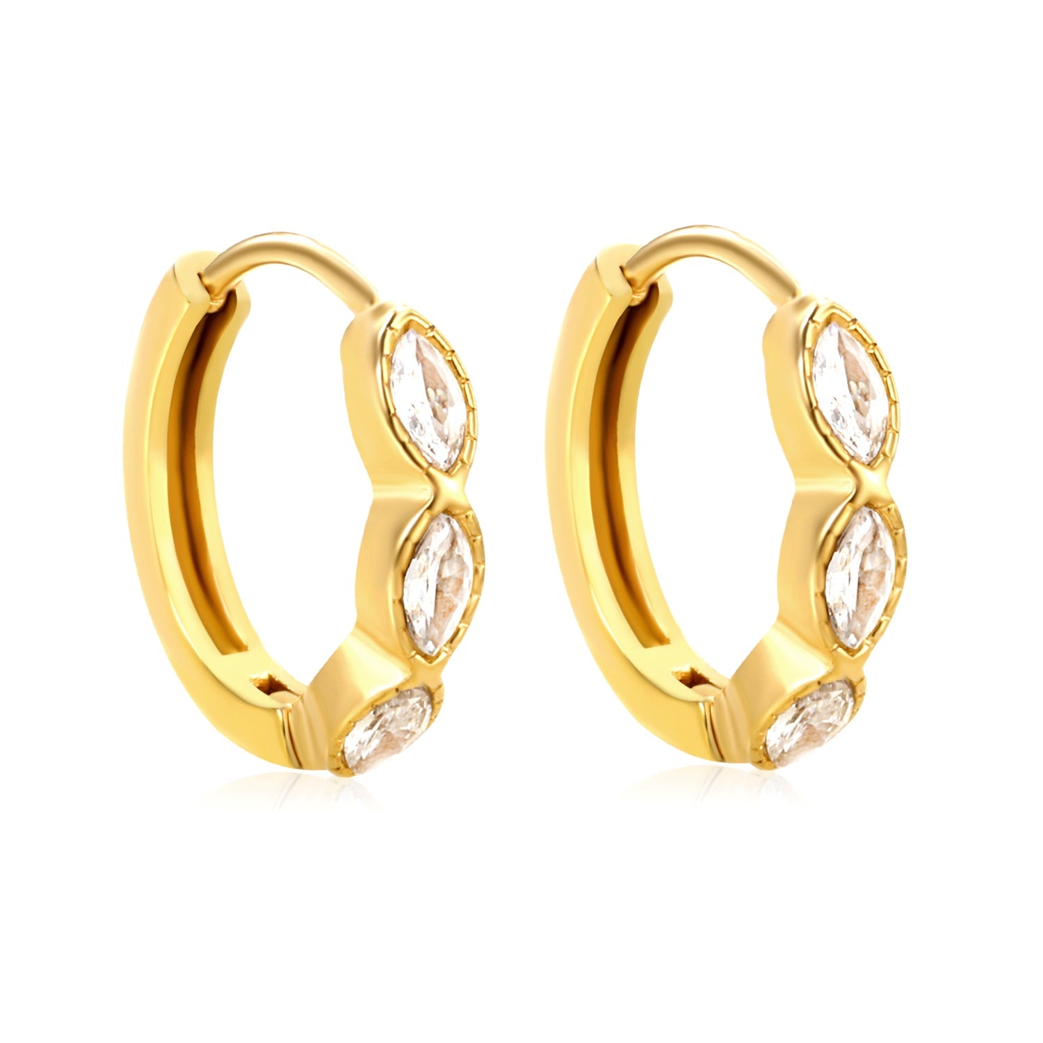 2.9 x 12mm three oval-shaped white zirconia earrings with 2.2 x 10mm inner diameter ear hooks, gold color asonjewelry