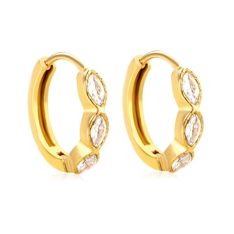 2.9 x 12mm three oval-shaped white zirconia earrings with 2.2 x 10mm inner diameter ear hooks, gold color