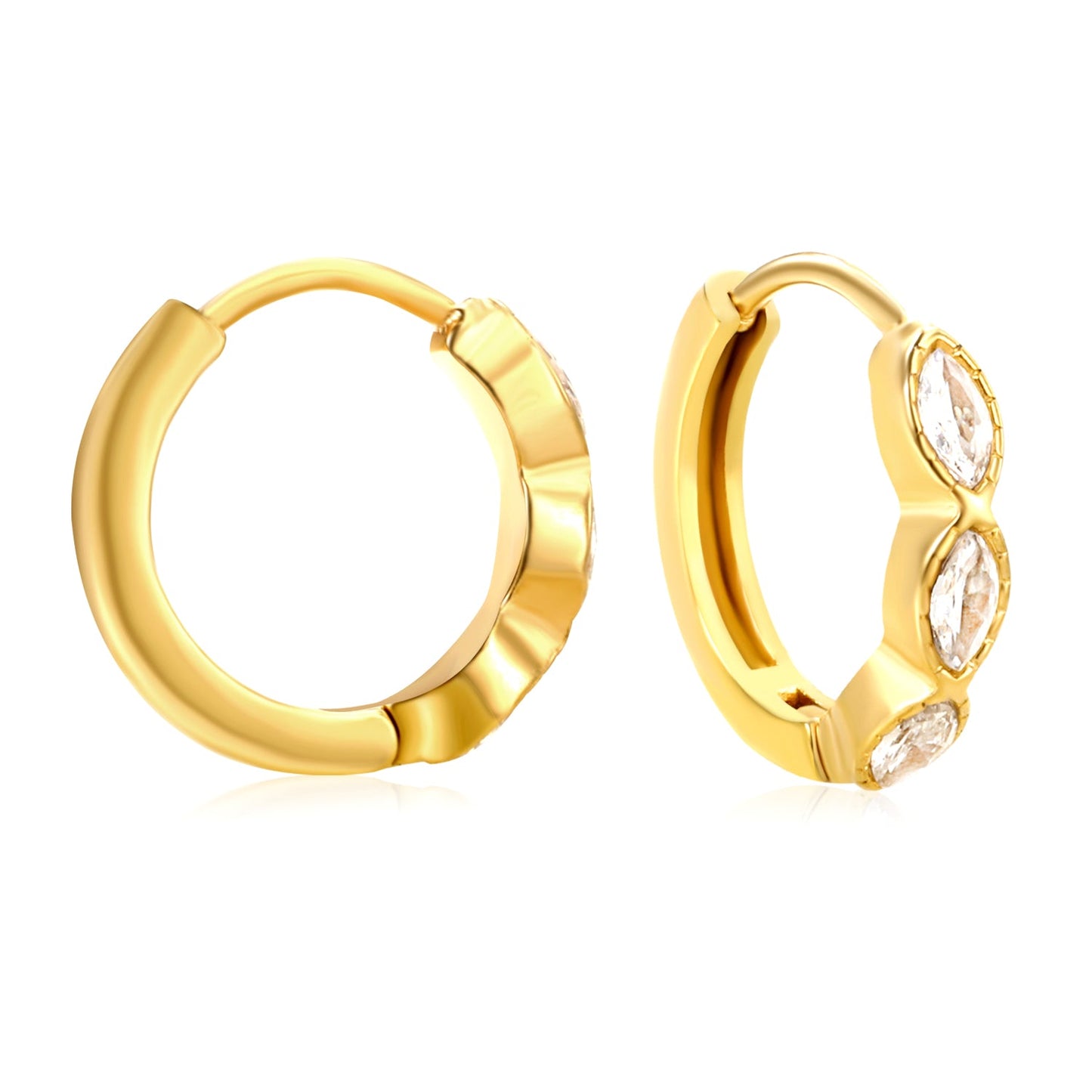2.9 x 12mm three oval-shaped white zirconia earrings with 2.2 x 10mm inner diameter ear hooks, gold color asonjewelry