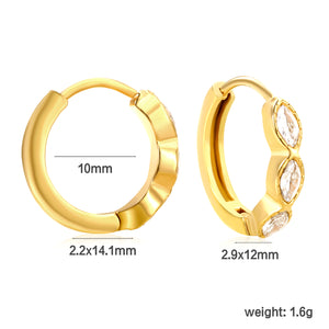 2.9 x 12mm three oval-shaped white zirconia earrings with 2.2 x 10mm inner diameter ear hooks, gold color