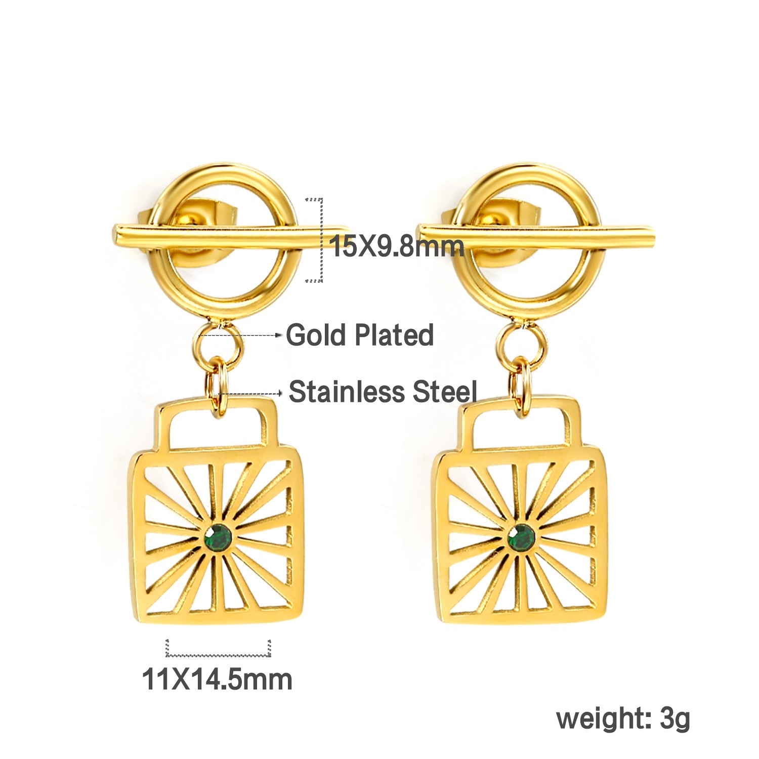 Square Cutout with Green Diamonds + Round Circle Horizontal Bar Earrings 15*28mm asonjewelry