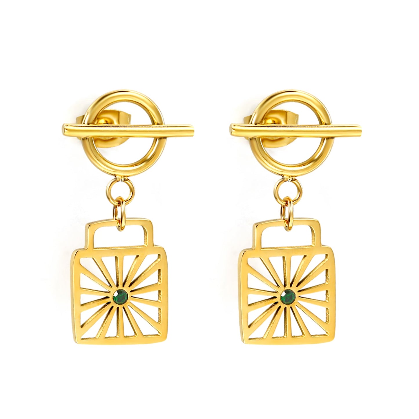 Square Cutout with Green Diamonds + Round Circle Horizontal Bar Earrings 15*28mm asonjewelry