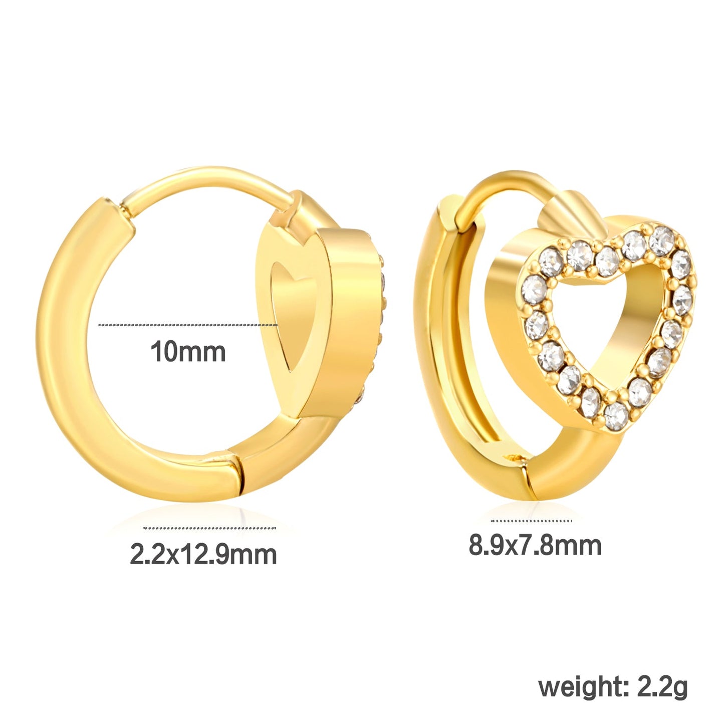 8.9 x 7.8mm heart-shaped openwork with white zirconia, ear hook 2.2 x inner diameter 10mm, gold earrings asonjewelry