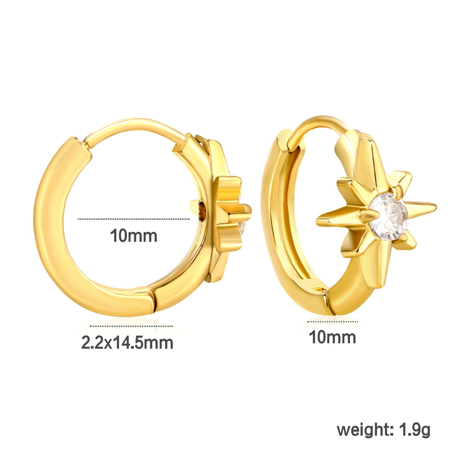 8.9 x 9.6mm eight-pointed star with white zirconia earring with 2.2mm earring post and 10mm inner diameter, gold-colored asonjewelry