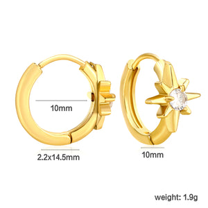 8.9 x 9.6mm eight-pointed star with white zirconia earring with 2.2mm earring post and 10mm inner diameter, gold-colored