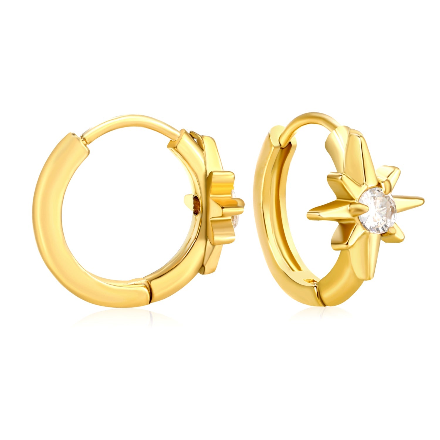 8.9 x 9.6mm eight-pointed star with white zirconia earring with 2.2mm earring post and 10mm inner diameter, gold-colored asonjewelry