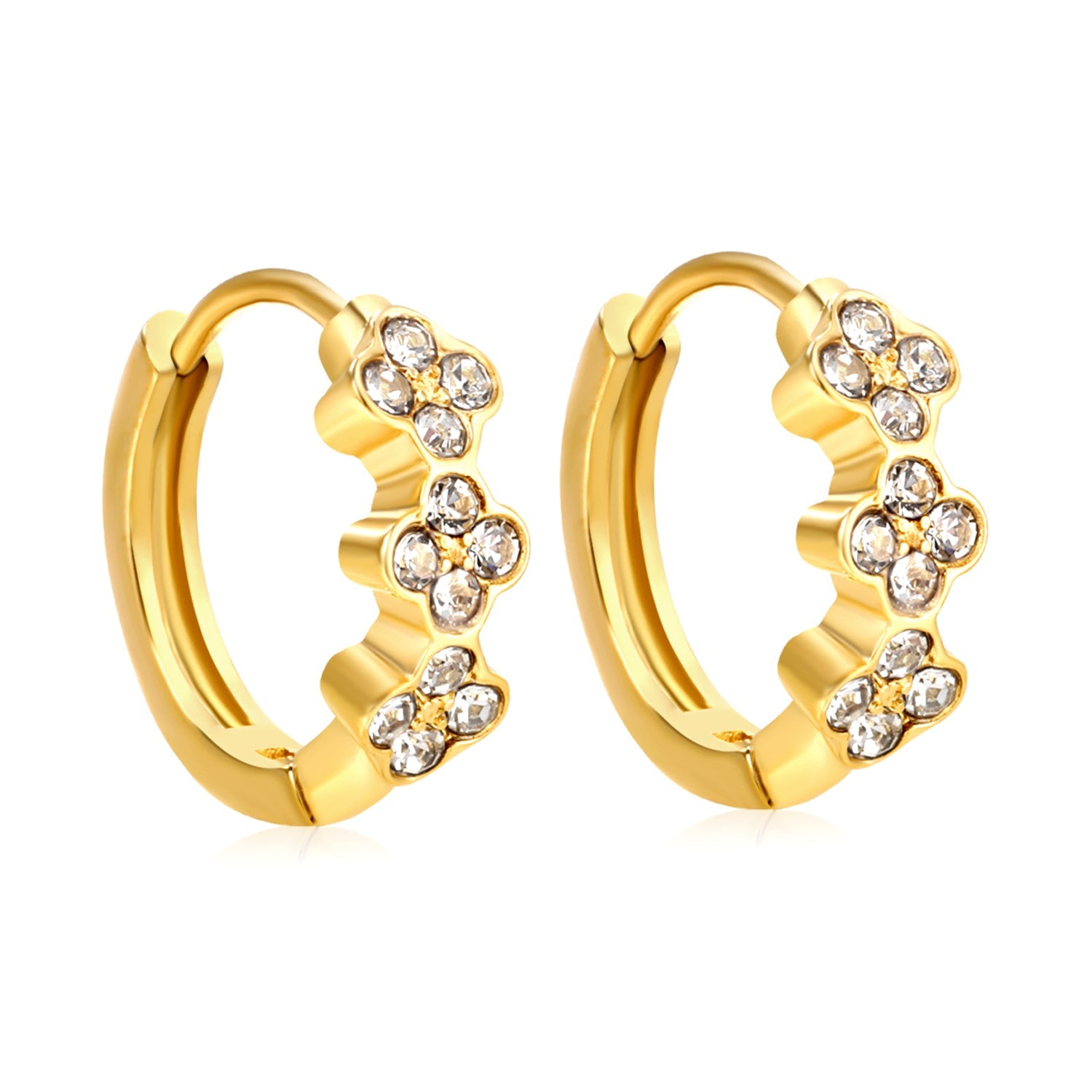 4.4 x 10.3mm three flower-shaped imitation white Czech diamonds, ear hooks 2.2 x inner diameter 10mm, earrings in gold asonjewelry