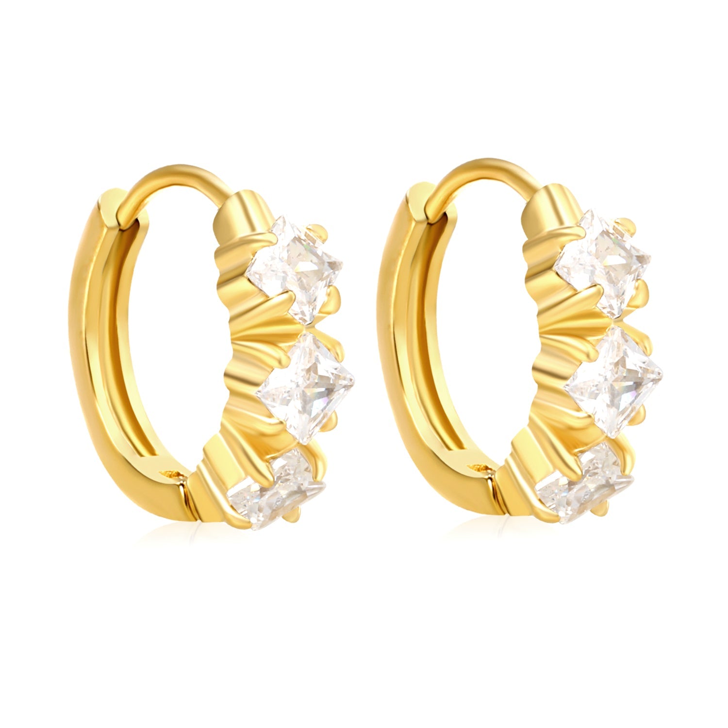 4.1 x 11.7mm three square white zirconia stud earrings with a 2.2mm post and a 10mm inner diameter, gold-colored asonjewelry