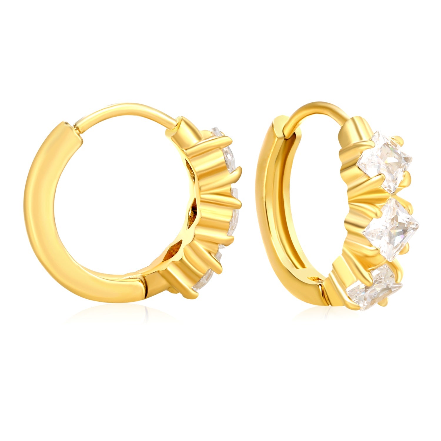 4.1 x 11.7mm three square white zirconia stud earrings with a 2.2mm post and a 10mm inner diameter, gold-colored asonjewelry