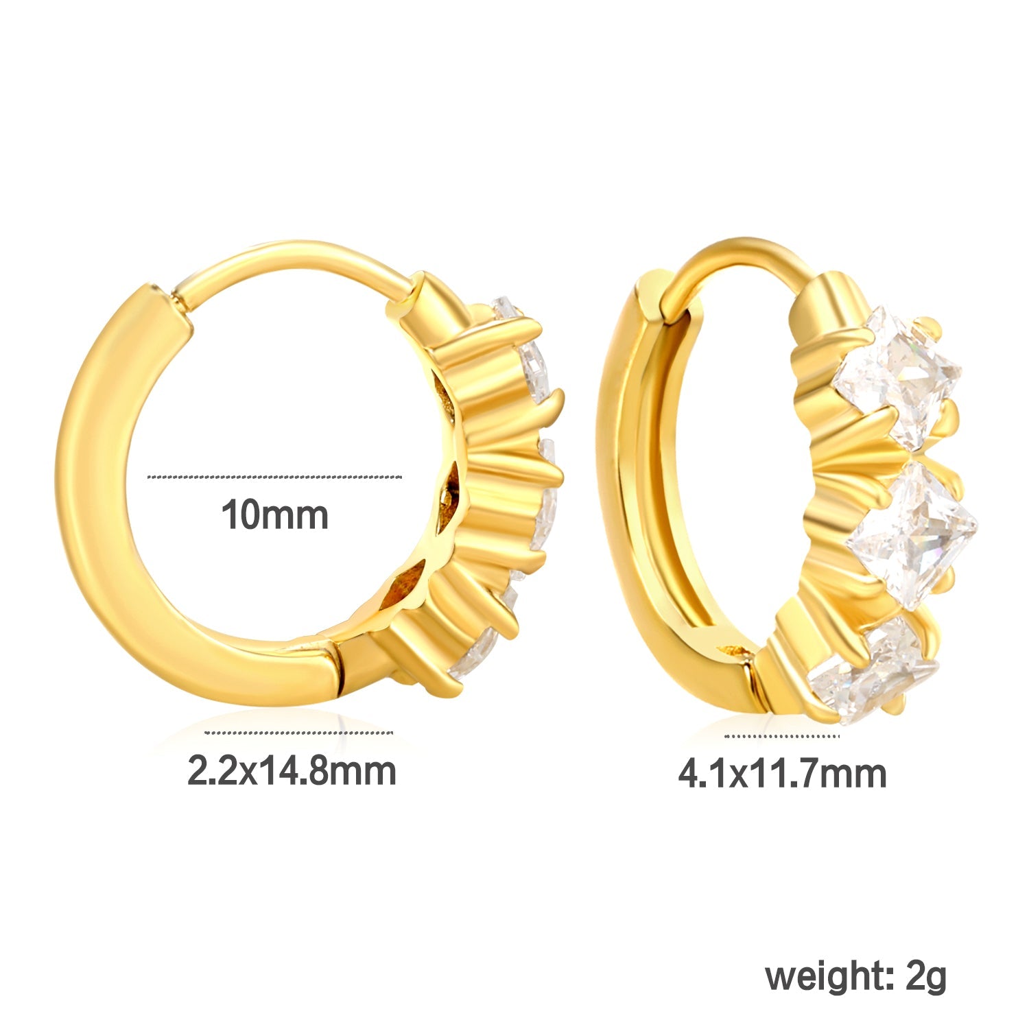 4.1 x 11.7mm three square white zirconia stud earrings with a 2.2mm post and a 10mm inner diameter, gold-colored asonjewelry