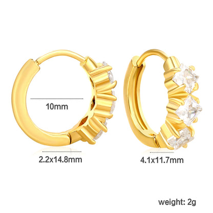 4.1 x 11.7mm three square white zirconia stud earrings with a 2.2mm post and a 10mm inner diameter, gold-colored asonjewelry