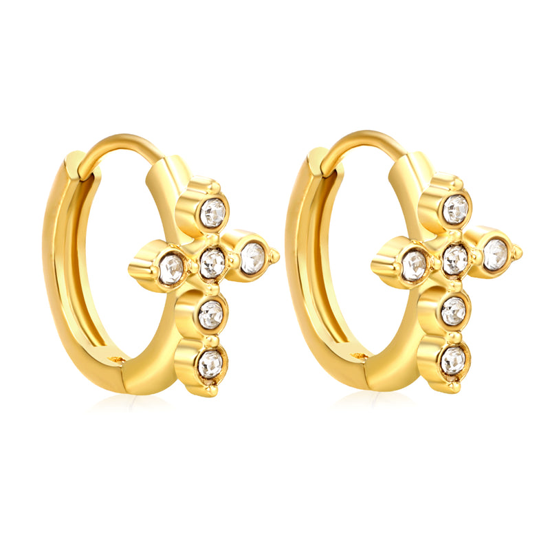 8x10.2mm cross-shaped imitation white Czech diamond earring with a 2.2mm post and a 10mm inner diameter, gold color