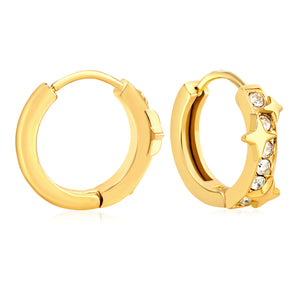 5.4 x 12mm star + half-circle imitation white Czech diamonds, earring posts 2.2 x inner diameter 10mm, gold-colored earrings