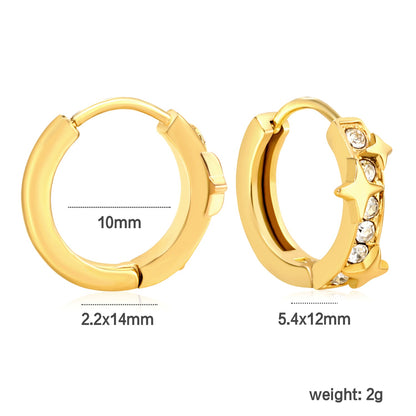 5.4 x 12mm star + half-circle imitation white Czech diamonds, earring posts 2.2 x inner diameter 10mm, gold-colored earrings asonjewelry