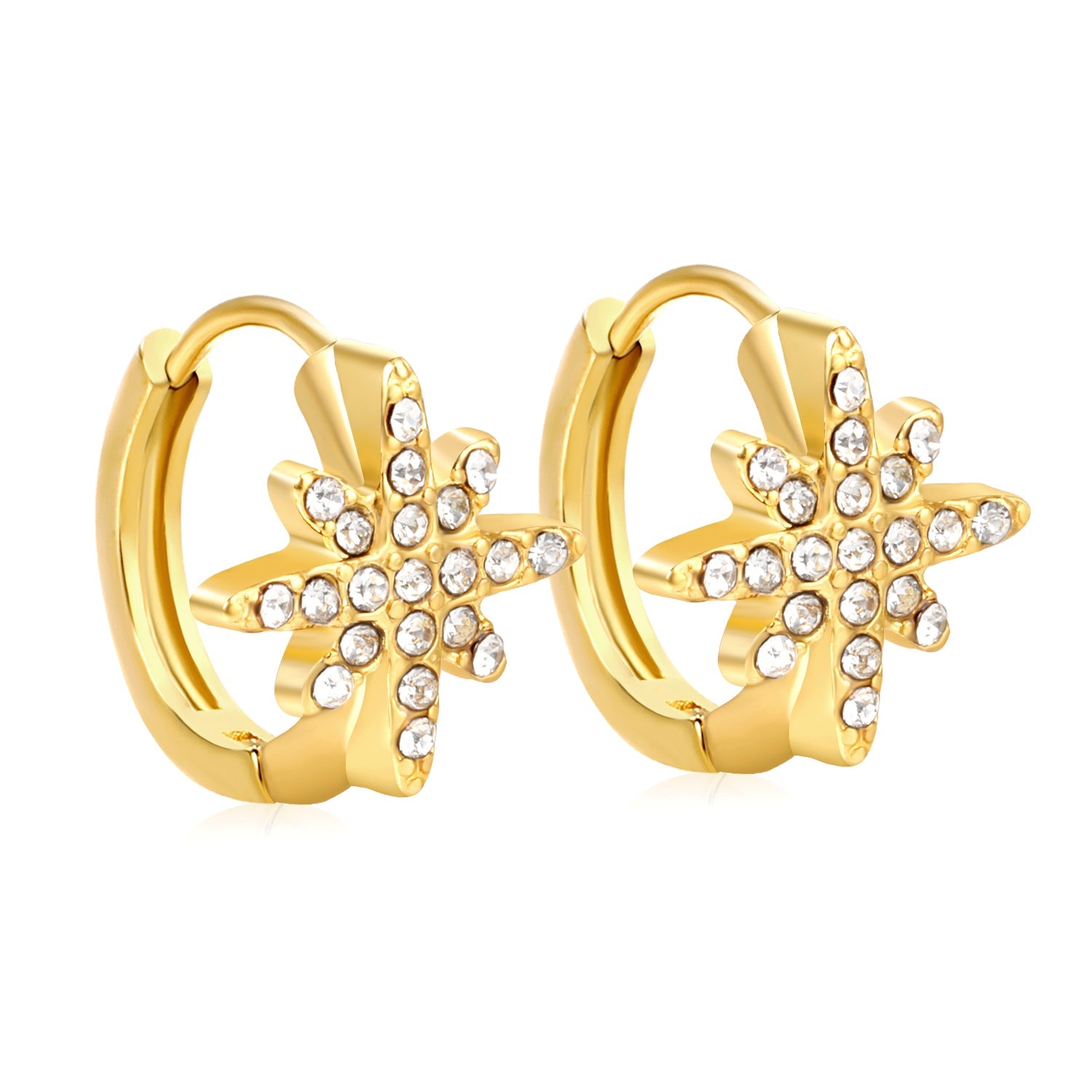10.9mm eight-pointed star imitation white Czech crystal earring with 2.2mm earring post and 10mm inner diameter, gold-colored asonjewelry