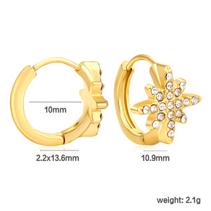 10.9mm eight-pointed star imitation white Czech crystal earring with 2.2mm earring post and 10mm inner diameter, gold-colored