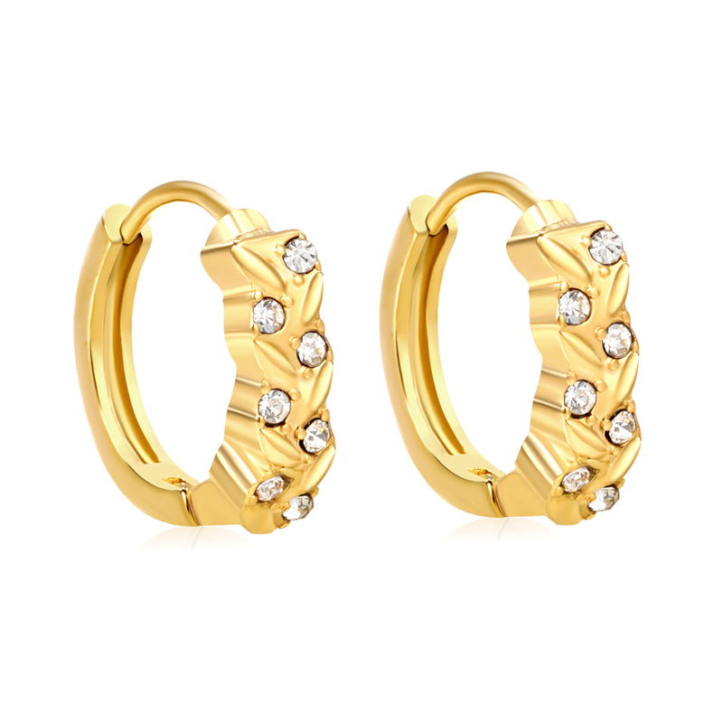 3.5 x 11mm Grass Ring with Imitation White Czech Diamonds, Ear Hook 2.2 x Inner Diameter 10mm, Earrings, Gold