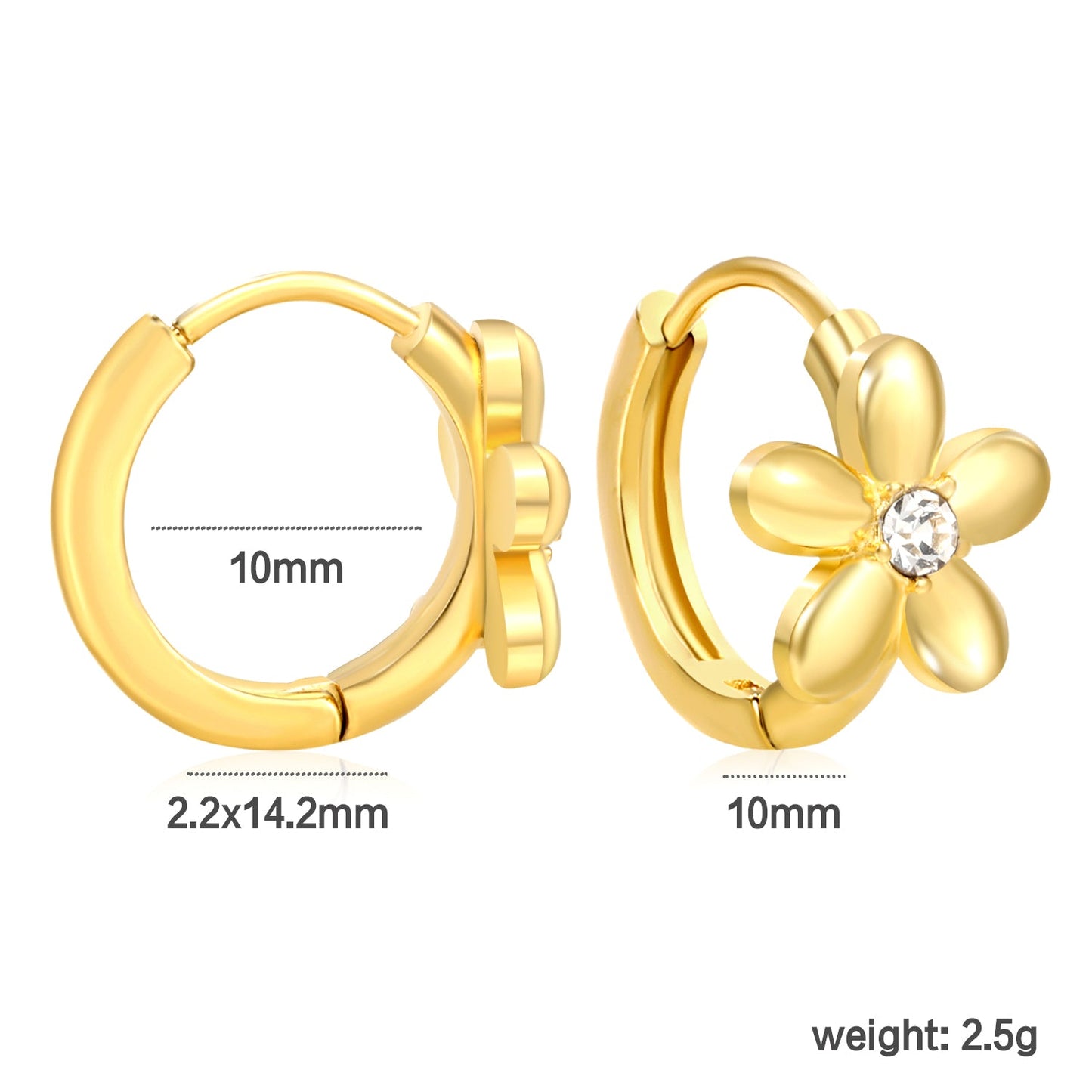10mm flower-shaped white zirconia earring with a 2.2mm post and a 10mm inner diameter, gold color asonjewelry