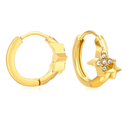 8 x 7.5mm four-pointed star imitation white Czech diamonds, earring posts 2.2 x inner diameter 10mm, gold-colored earrings asonjewelry