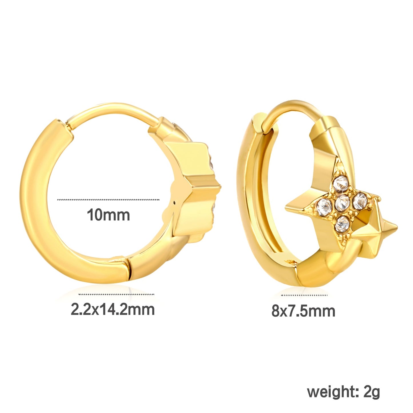 8 x 7.5mm four-pointed star imitation white Czech diamonds, earring posts 2.2 x inner diameter 10mm, gold-colored earrings asonjewelry