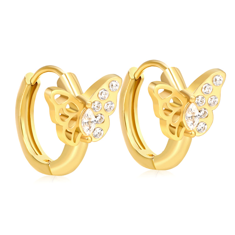 9.1 x 6.8mm Semi-Hollow Butterfly with White Zirconia Earring Hook 2.2 x Inner Diameter 10mm Earring Gold