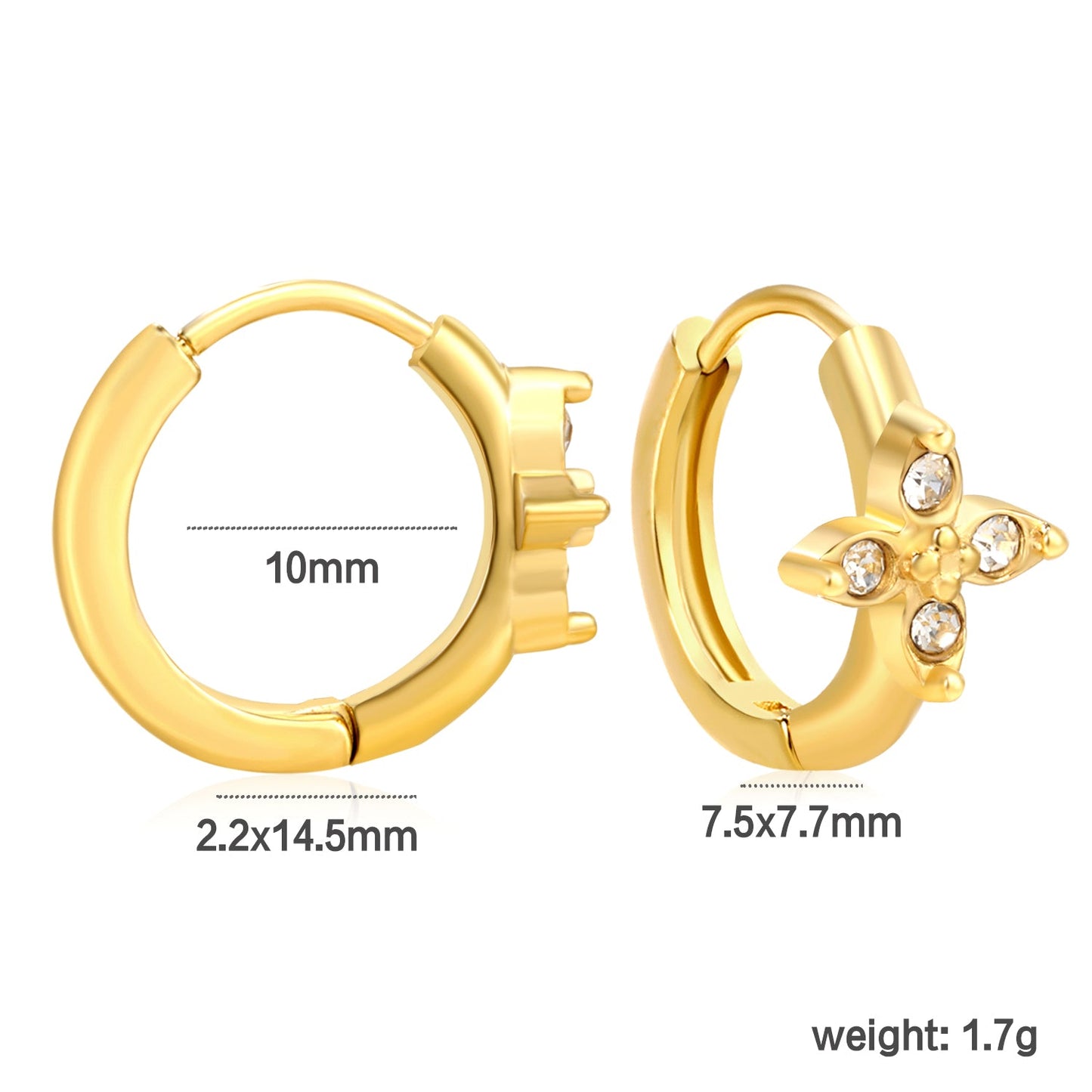 7.5 x 7.7mm cross flower with white zirconia, ear hook 2.2 x inner diameter 10mm, gold earrings asonjewelry
