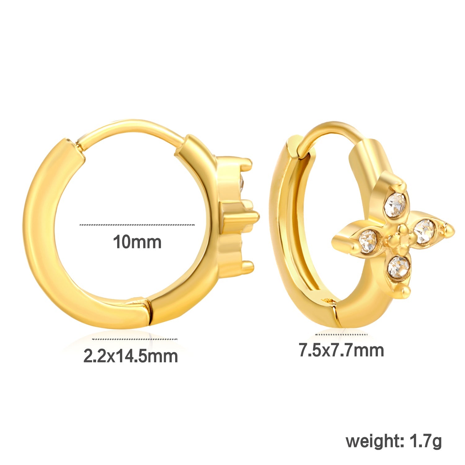 7.5 x 7.7mm cross flower with white zirconia, ear hook 2.2 x inner diameter 10mm, gold earrings asonjewelry