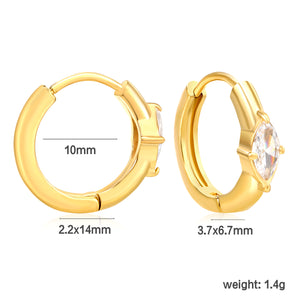 3.7 x 6.7mm diamond-shaped white zirconia stud earrings with a 2.2mm post and a 10mm inner diameter, gold-colored